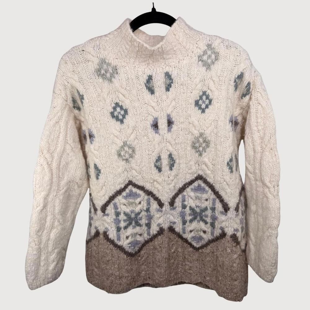 Vintage Liz Claiborne Ivory Fisherman Cable Knit Wool Sweater – Size L